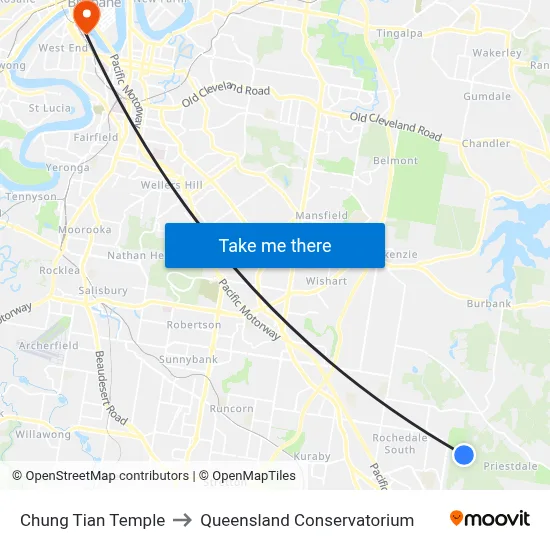 Chung Tian Temple to Queensland Conservatorium map