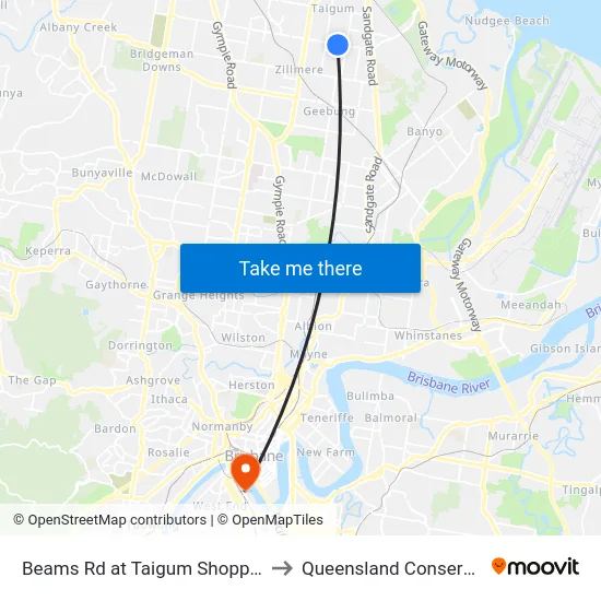 Beams Rd at Taigum Shopping Centre to Queensland Conservatorium map