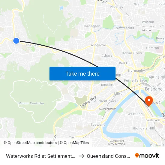 Waterworks Rd at Settlement Road, Stop 36 to Queensland Conservatorium map