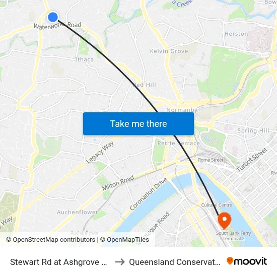 Stewart Rd at Ashgrove Village to Queensland Conservatorium map