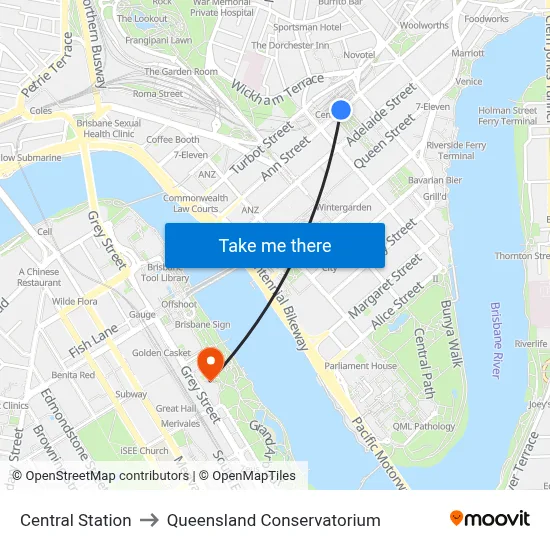 Central Station to Queensland Conservatorium map