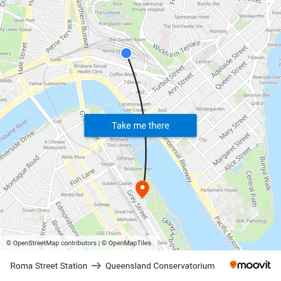 Roma Street Station to Queensland Conservatorium map