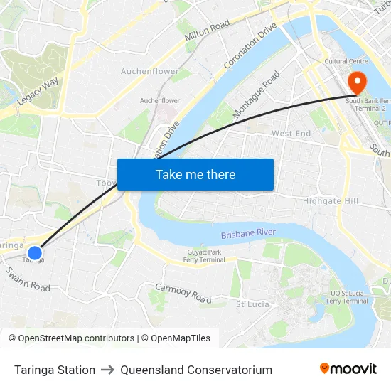 Taringa Station to Queensland Conservatorium map