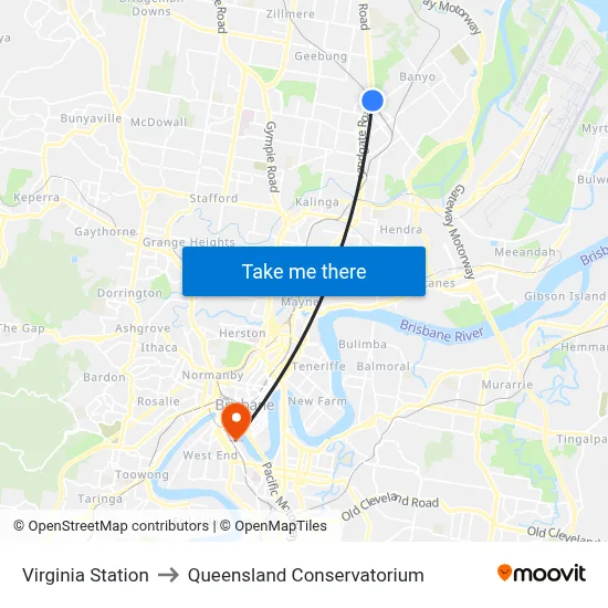 Virginia Station to Queensland Conservatorium map