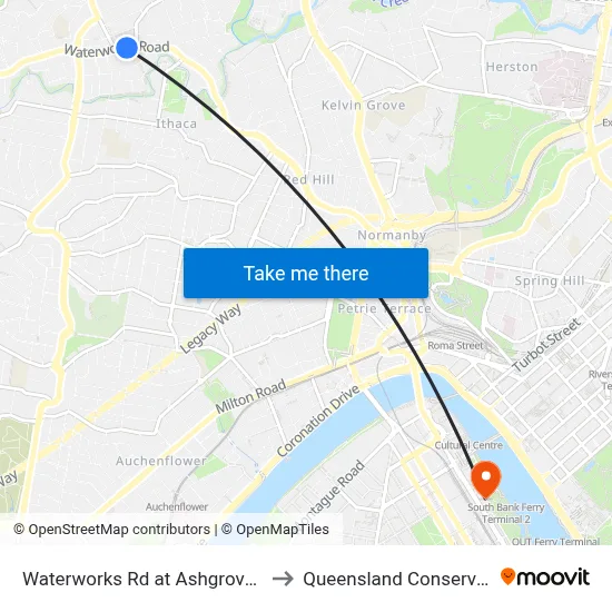 Waterworks Rd at Ashgrove, Stop 17 to Queensland Conservatorium map