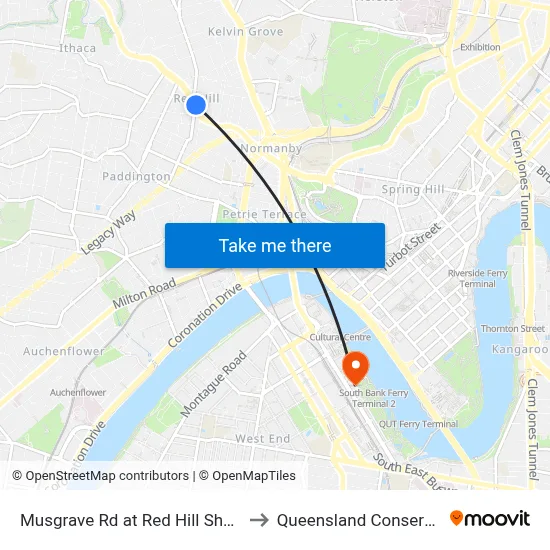 Musgrave Rd at Red Hill Shops, Stop 8 to Queensland Conservatorium map