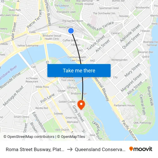 Roma Street Busway, Platform 2 to Queensland Conservatorium map