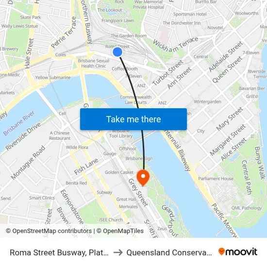 Roma Street Busway, Platform 1 to Queensland Conservatorium map