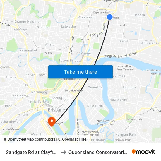 Sandgate Rd at Clayfield to Queensland Conservatorium map