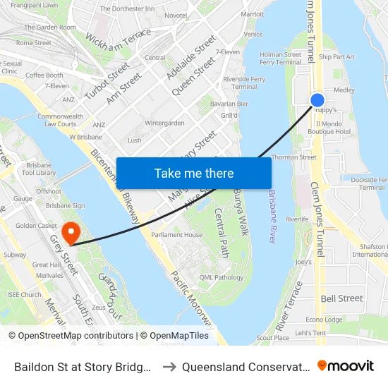Baildon St at Story Bridge Hotel to Queensland Conservatorium map