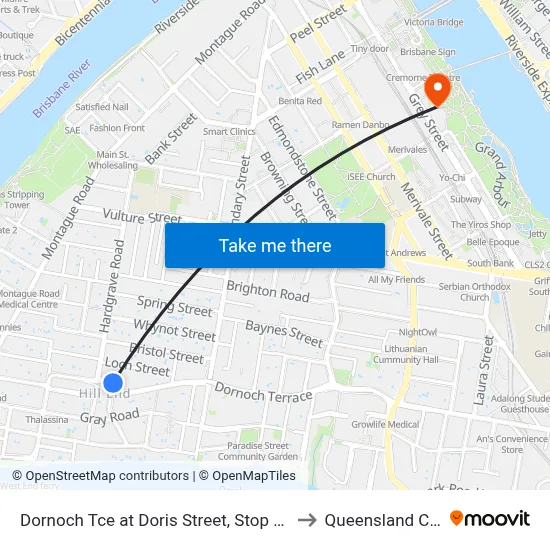Dornoch Tce at Doris Street, Stop 17 - Temp Closure From 13 July to Queensland Conservatorium map