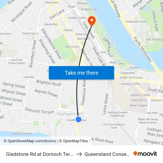 Gladstone Rd at Dornoch Terrace, Stop 11 to Queensland Conservatorium map