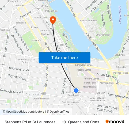 Stephens Rd at St Laurences College, Stop 7 to Queensland Conservatorium map