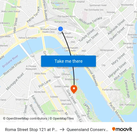 Roma Street Stop 121 at Police Hq to Queensland Conservatorium map