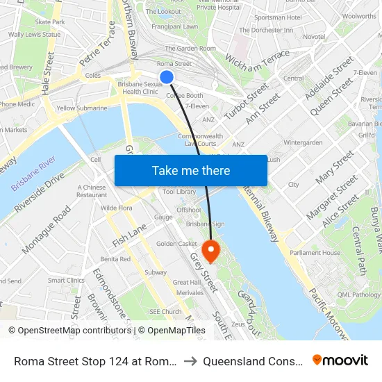 Roma Street Stop 124 at Roma Street Station to Queensland Conservatorium map