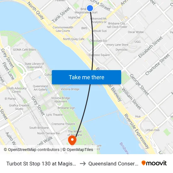Turbot St Stop 130 at Magistrates Court to Queensland Conservatorium map