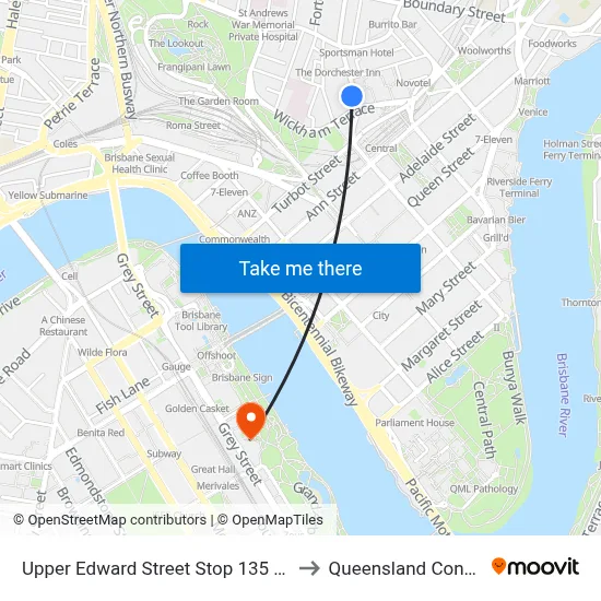 Upper Edward Street Stop 135 Near Wickham Tce to Queensland Conservatorium map