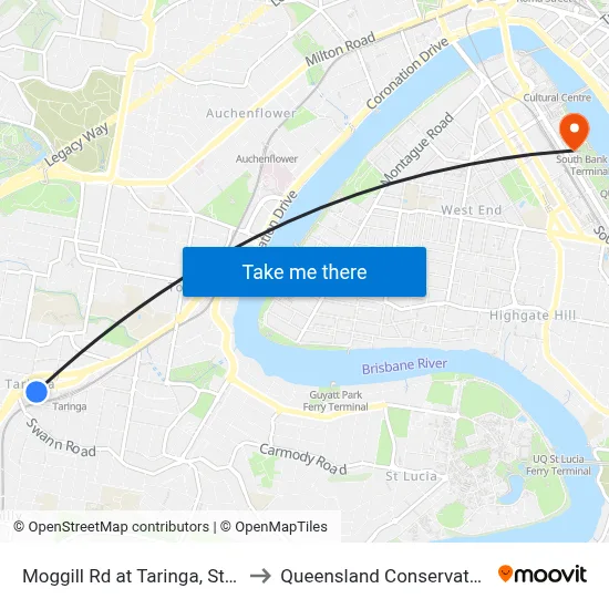 Moggill Rd at Taringa, Stop 19 to Queensland Conservatorium map