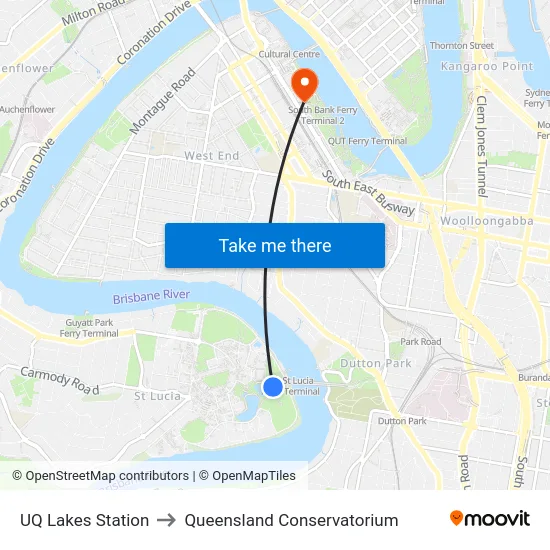 UQ Lakes Station to Queensland Conservatorium map