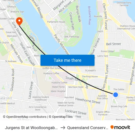 Jurgens St at Woolloongabba, Stop E to Queensland Conservatorium map