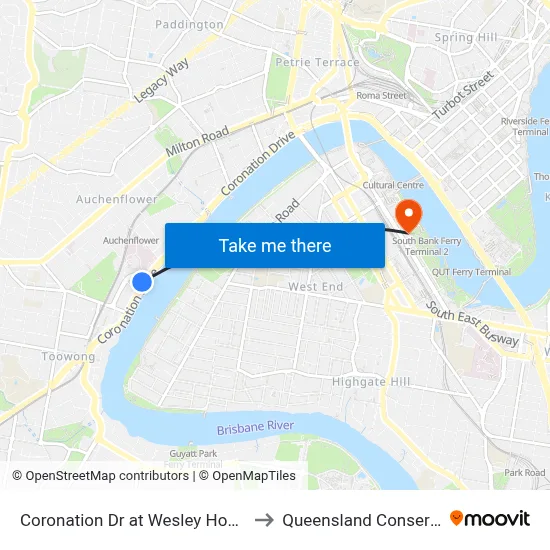 Coronation Dr at Wesley Hospital, Stop 9 to Queensland Conservatorium map