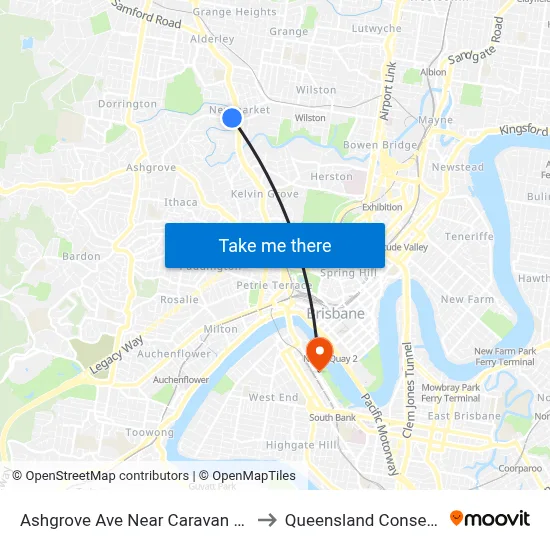 Ashgrove Ave Near Caravan Park, Stop 20 to Queensland Conservatorium map