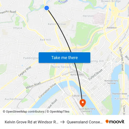 Kelvin Grove Rd at Windsor Road, Stop 16 to Queensland Conservatorium map