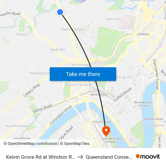 Kelvin Grove Rd at Windsor Road, Stop 16 to Queensland Conservatorium map