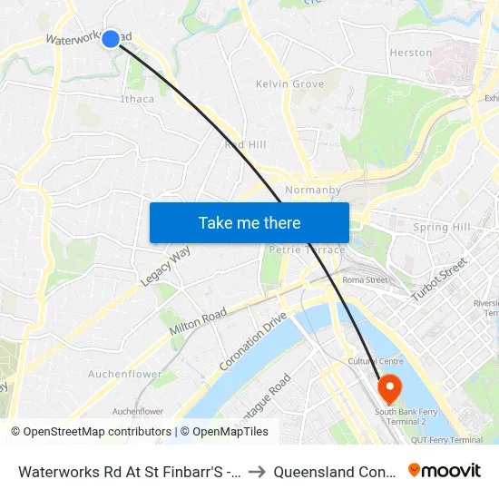 Waterworks Rd At St Finbarr'S - Ashgrove, Stop 16 to Queensland Conservatorium map