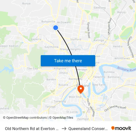 Old Northern Rd at Everton Park North to Queensland Conservatorium map