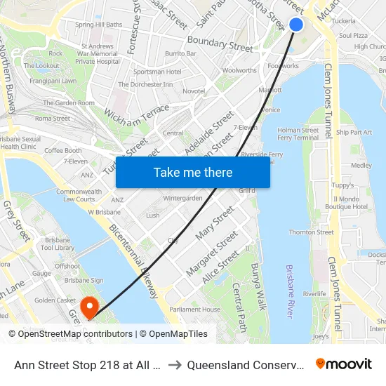 Ann Street Stop 218 at All Hallows to Queensland Conservatorium map