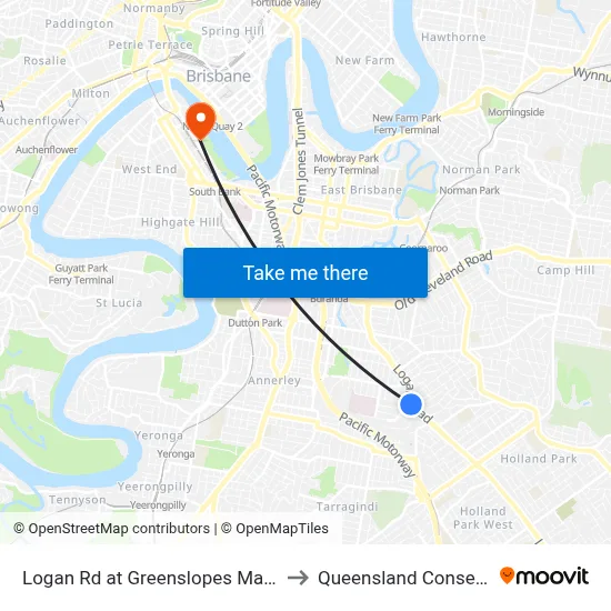Logan Rd at Greenslopes Mall, Stop 25/24 to Queensland Conservatorium map