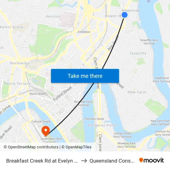 Breakfast Creek Rd at Evelyn Street, Stop 10 to Queensland Conservatorium map