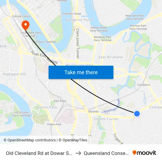 Old Cleveland Rd at Dowar Street Stop 20 to Queensland Conservatorium map