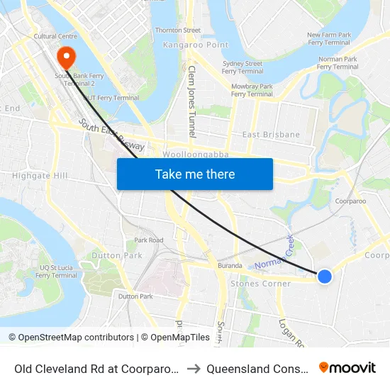 Old Cleveland Rd at Coorparoo West Stop 19 to Queensland Conservatorium map