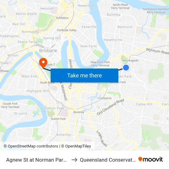 Agnew St at Norman Park North to Queensland Conservatorium map