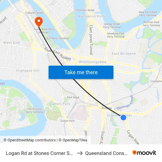 Logan Rd at Stones Corner Shops, Stop 17a to Queensland Conservatorium map