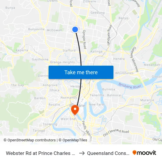 Webster Rd at Prince Charles Hospital, Stop 38 to Queensland Conservatorium map