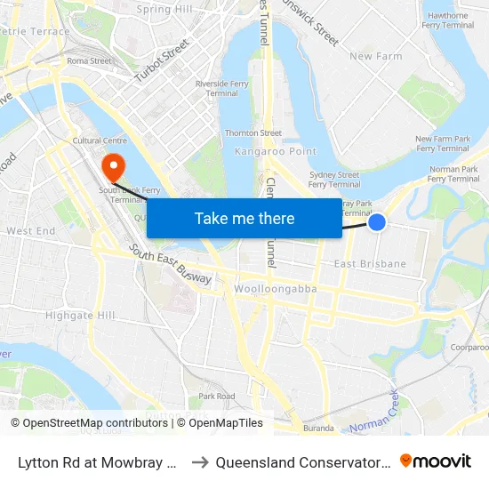 Lytton Rd at Mowbray Park to Queensland Conservatorium map