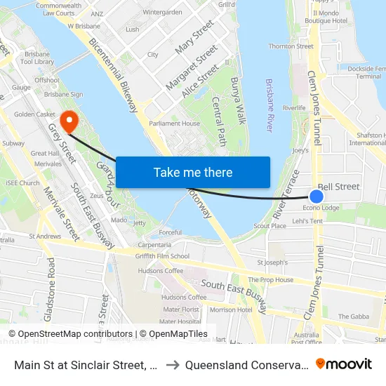 Main St at Sinclair Street, Stop 8a to Queensland Conservatorium map