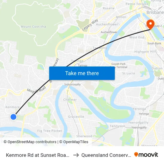 Kenmore Rd at Sunset Road, Stop 45 to Queensland Conservatorium map