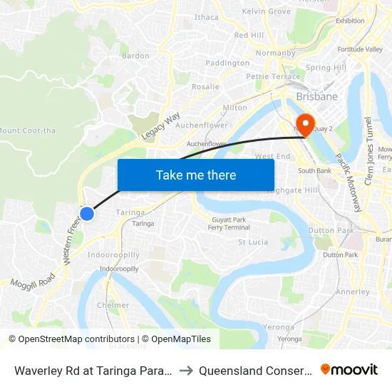 Waverley Rd at Taringa Parade, Stop 27 to Queensland Conservatorium map