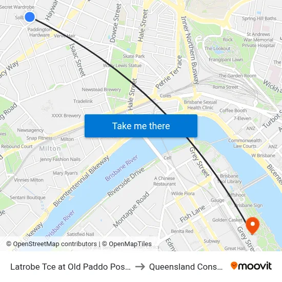 Latrobe Tce at Old Paddo Post Office, Stop 8 to Queensland Conservatorium map