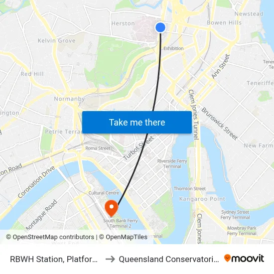 RBWH Station, Platform 1 to Queensland Conservatorium map