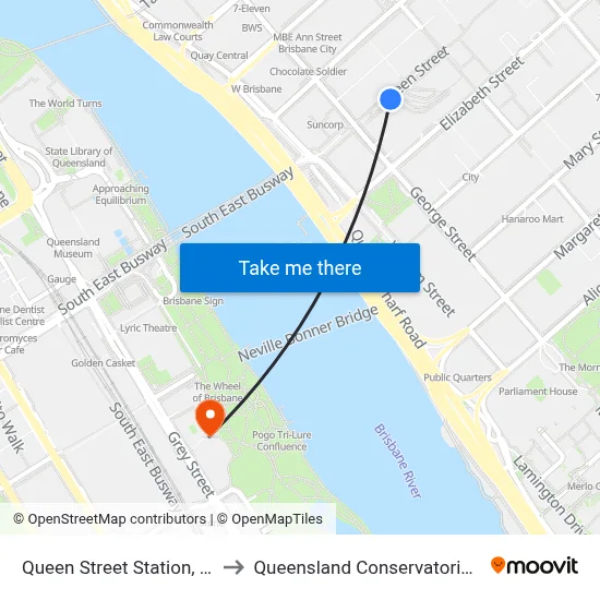Queen Street Station, 1c to Queensland Conservatorium map