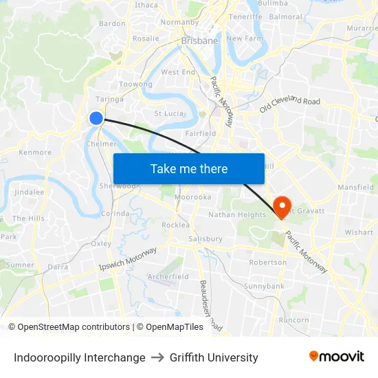 Indooroopilly Interchange to Griffith University map