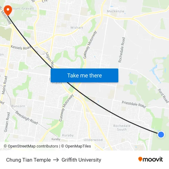 Chung Tian Temple to Griffith University map