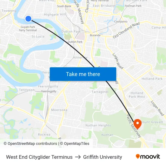West End Cityglider Terminus to Griffith University map