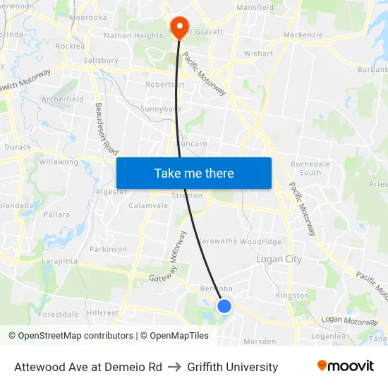 Attewood Ave at Demeio Rd to Griffith University map