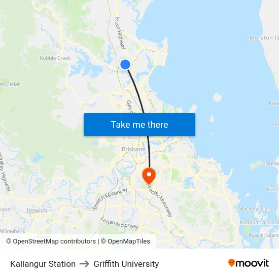 Kallangur Station to Griffith University map